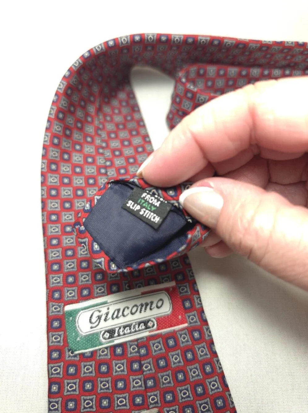 Vintage Giacomo Red Tie with Blue and White Geometric Squares